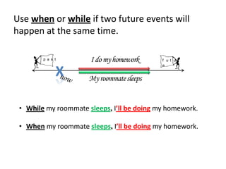 Use when or while if two future events will
happen at the same time.

        p a s t       I do my homework      f u t u r
                                            e

              X       My roommate sleeps


 • While my roommate sleeps, I’ll be doing my homework.

 • When my roommate sleeps, I’ll be doing my homework.
 