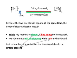 p a s t        I do my homework       f u t u r
                                             e

             X       My roommate sleeps

Because the two events will happen at the same time, the
order of clauses doesn’t matter.


• While my roommate sleeps, I’ll be doing my homework.
• My roommate will be sleeping while I do my homework.

Just remember: the verb after the time word should be
simple present.
 