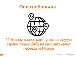 12 client.fut.ru
11% выпускников хотят уехать в другую
страну, только 24% не рассматривают
переезд из России
Они глобальны
 
