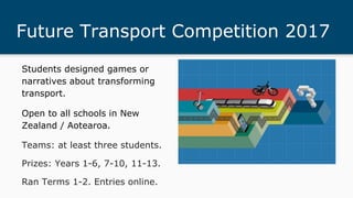 Future Transport Competition 2017
Students designed games or
narratives about transforming
transport.
Open to all schools in New
Zealand / Aotearoa.
Teams: at least three students.
Prizes: Years 1-6, 7-10, 11-13.
Ran Terms 1-2. Entries online.
 