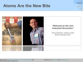 Atoms Are the New Bits “ Welcome to the next  Industrial Revolution” Chris Anderson, editor-in-chief Wired, February 2010  Anderson C. (2010) ‘ In the Next Industrial Revolution, Atoms Are the New Bits ’,  Wired   © 2010 Condé Nast Digital. All rights reserved.  Wikipedia (2010)  Etech05: Chris  under  Creative Commons  Past Present Future Lessons Tools Act 