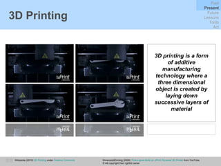 3D Printing 3D printing is a form of additive manufacturing technology where a three dimensional object is created by laying down successive layers of material Wikipedia (2010)  3D Printing  under  Creative Commons DimensionPrinting (2009)  Time-Lapse Build on uPrint Personal 3D Printer  from YouTube © All copyright their rightful owner Past Present Future Lessons Tools Act 