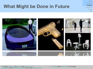 What Might be Done in Future Past Present Future Lessons Tools Act Urbee  (2010)  Urbee Hybrid  from  psfk.com  under  Creative Commons saschapohlepp  (2005)  Rapid Prototyping at RCA  from Flickr under  Creative Commons Front Design  (2006)  Sketch Furniture   © Front Design 