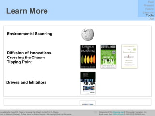 Learn More Environmental Scanning Diffusion of Innovations by Everett M. Rogers, Crossing the Chasm by Geoffrey A. Moore,  The Tipping Point by Malcolm Gladwell,  Future Savvy by Adam Gordon © All copyright their rightful owner.  Past Present Future Lessons Tools Act Diffusion of Innovations Crossing the Chasm Tipping Point Drivers and Inhibitors Wikipedia (2010)  Wikipedia logo   © Wikimedia Foundation, Inc Book covers from  ISBNLIB.com  © 2009-2010 ISBNLIB.com 