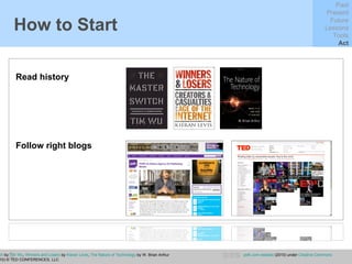 How to Start Read history The Master Switch  by  Tim Wu ,  Winners and Losers  by  Kieran Levis ,  The Nature of Technology  by W. Brian Arthur  TED website  (2010)  © TED CONFERENCES, LLC Past Present Future Lessons Tools Act Follow right blogs psfk.com website  (2010) under  Creative Commons 