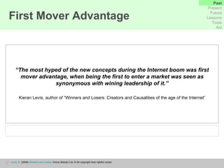 “ The most hyped of the new concepts during the Internet boom was first mover advantage, when being the first to enter a market was seen as synonymous with wining leadership of it.” Kieran Levis, author of “Winners and Losers: Creators and Causalities of the age of the Internet” First Mover Advantage Past Present Future Lessons Tools Act Levis, K.  (2009)  Winners and Losers ,  Grove Atlantic Ltd. © All copyright their rightful owner. 