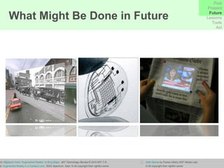Grifantini, K. (2010) ‘ Microsoft Adds "Augmented Reality" to Bing Maps ’,  MIT Technology Review  © 2010 MIT T.R. Parviz, B.A. (2009) ‘ Augmented Reality in a Contact Lens ’, IEEE Spectrum, Sept. © All copyright their rightful owner Sixth Sense  by Pranav Mistry (MIT Media Lab)  © All copyright their rightful owner What Might Be Done in Future Past Present Future Lessons Tools Act 