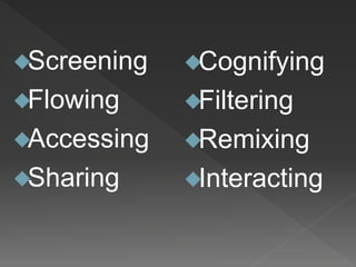 Screening
Flowing
Accessing
Sharing
Cognifying
Filtering
Remixing
Interacting
 