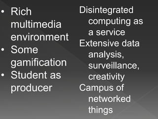 • Rich
multimedia
environment
• Some
gamification
• Student as
producer
Disintegrated
computing as
a service
Extensive data
analysis,
surveillance,
creativity
Campus of
networked
things
 