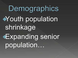 Demographics
Youth population
shrinkage
Expanding senior
population…
 