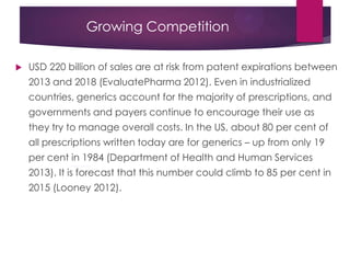 Growing Competition
 USD 220 billion of sales are at risk from patent expirations between
2013 and 2018 (EvaluatePharma 2012). Even in industrialized
countries, generics account for the majority of prescriptions, and
governments and payers continue to encourage their use as
they try to manage overall costs. In the US, about 80 per cent of
all prescriptions written today are for generics – up from only 19
per cent in 1984 (Department of Health and Human Services
2013). It is forecast that this number could climb to 85 per cent in
2015 (Looney 2012).
 