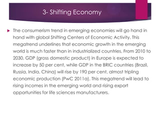 3- Shifting Economy
 The consumerism trend in emerging economies will go hand in
hand with global Shifting Centers of Economic Activity. This
megatrend underlines that economic growth in the emerging
world is much faster than in industrialized countries. From 2010 to
2030, GDP (gross domestic product) in Europe is expected to
increase by 50 per cent, while GDP in the BRIC countries (Brazil,
Russia, India, China) will rise by 190 per cent, almost tripling
economic production (PwC 2011a). This megatrend will lead to
rising incomes in the emerging world and rising export
opportunities for life sciences manufacturers.
 