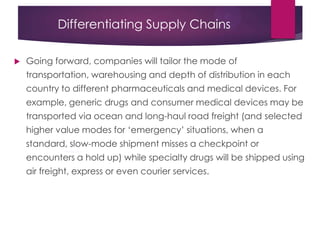 Differentiating Supply Chains
 Going forward, companies will tailor the mode of
transportation, warehousing and depth of distribution in each
country to different pharmaceuticals and medical devices. For
example, generic drugs and consumer medical devices may be
transported via ocean and long-haul road freight (and selected
higher value modes for „emergency‟ situations, when a
standard, slow-mode shipment misses a checkpoint or
encounters a hold up) while specialty drugs will be shipped using
air freight, express or even courier services.
 