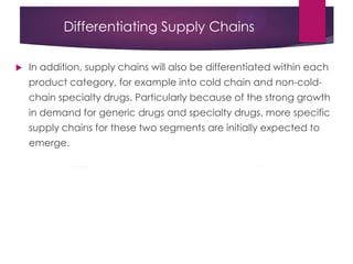 Differentiating Supply Chains
 In addition, supply chains will also be differentiated within each
product category, for example into cold chain and non-cold-
chain specialty drugs. Particularly because of the strong growth
in demand for generic drugs and specialty drugs, more specific
supply chains for these two segments are initially expected to
emerge.
 