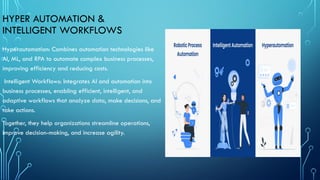 HYPER AUTOMATION &
INTELLIGENT WORKFLOWS
Hyperautomation: Combines automation technologies like
AI, ML, and RPA to automate complex business processes,
improving efficiency and reducing costs.
Intelligent Workflows: Integrates AI and automation into
business processes, enabling efficient, intelligent, and
adaptive workflows that analyze data, make decisions, and
take actions.
Together, they help organizations streamline operations,
improve decision-making, and increase agility.
 