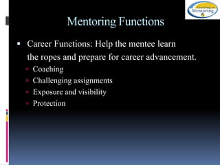 Mentoring Functions
 Career Functions: Help the mentee learn

the ropes and prepare for career advancement.
 Coaching
 Challenging assignments
 Exposure and visibility
 Protection

 
