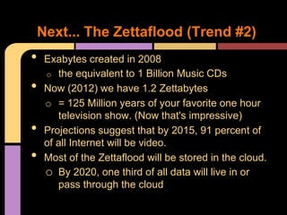 Next... The Zettaflood (Trend #2)
•   Exabytes created in 2008
    o the equivalent to 1 Billion Music CDs
•   Now (2012) we have 1.2 Zettabytes
    o = 125 Million years of your favorite one hour
       television show. (Now that's impressive)
•   Projections suggest that by 2015, 91 percent of
    of all Internet will be video.
•   Most of the Zettaflood will be stored in the cloud.
    o By 2020, one third of all data will live in or
       pass through the cloud
 