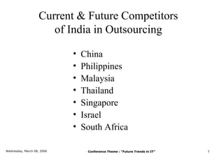 Current & Future Competitors
                       of India in Outsourcing

                            •   China
                            •   Philippines
                            •   Malaysia
                            •   Thailand
                            •   Singapore
                            •   Israel
                            •   South Africa

Wednesday, March 08, 2006        Conference Theme : “Future Trends in IT”   7
 