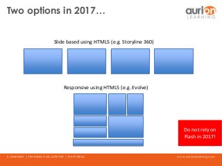 www.aurionlearning.comE-LEARNING | TRAINING AND SUPPORT | PLATFORMS
Two options in 2017…
Slide based using HTML5 (e.g. Storyline 360)
Responsive using HTML5 (e.g. Evolve)
Do not rely on
Flash in 2017!
 