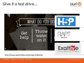 www.aurionlearning.comE-LEARNING | TRAINING AND SUPPORT | PLATFORMS
Give it a test drive…
http://www.raptmedia.com/project...