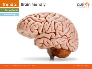 www.aurionlearning.comE-LEARNING | TRAINING AND SUPPORT | PLATFORMS
Trend 2 Brain friendly
Design Trend
Affordability: £
 