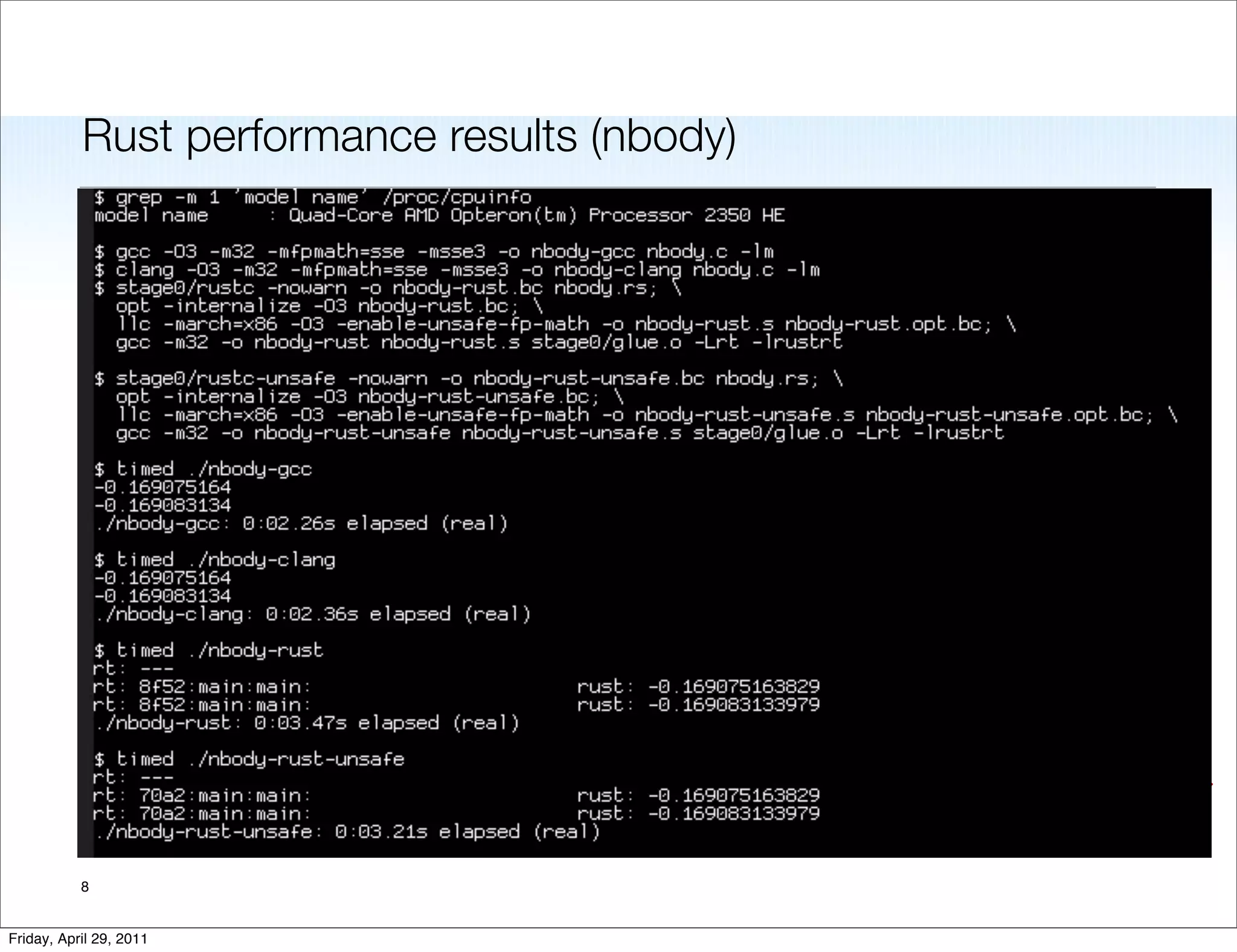 Rust performance results (nbody)




                                              mozilla

           8


Friday, April 29, 2011
 