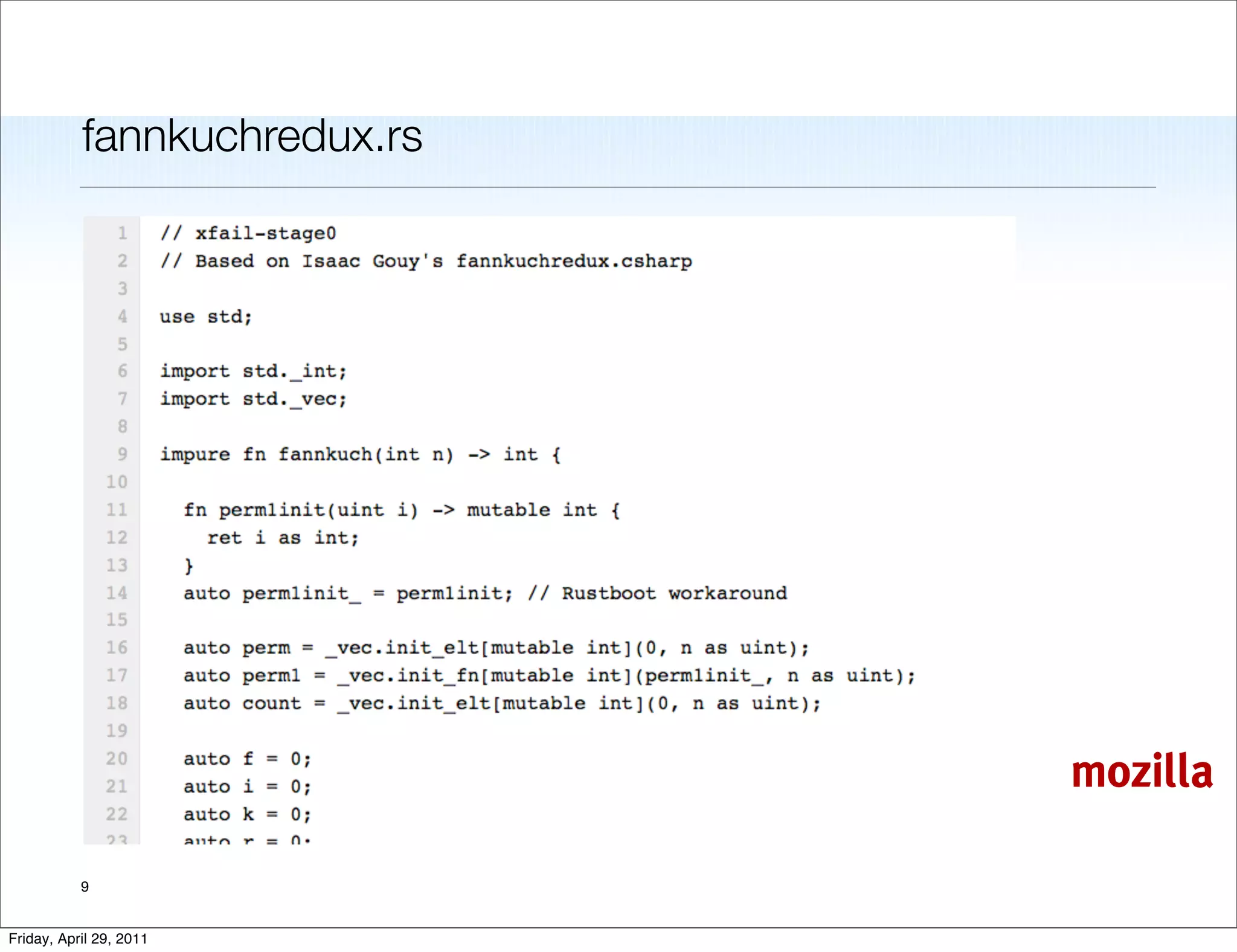 fannkuchredux.rs




                              mozilla

           9


Friday, April 29, 2011
 
