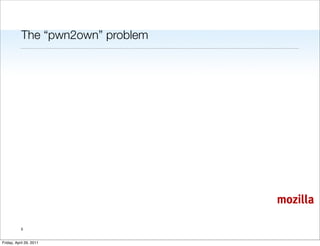 The “pwn2own” problem




                                   mozilla

           5


Friday, April 29, 2011
 