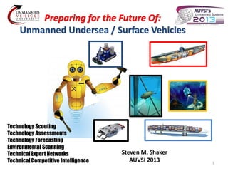 Preparing for the Future Of:
Unmanned Undersea / Surface Vehicles

Technology Scouting
Technology Assessments
Technology Forecasting
Environmental Scanning
Technical Expert Networks
Technical Competitive Intelligence

Steven M. Shaker
AUVSI 2013

1

 
