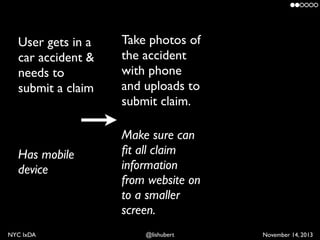 User gets in a
car accident &
needs to
submit a claim

Has mobile
device

NYC IxDA

Take photos of
the accident
with phone...