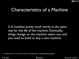 Characteristics of a Machine

3. A machine pretty much works in the same
way for the life of the machine. Eventually,
thin...