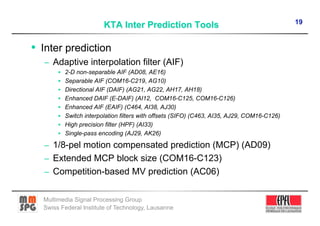 19


•  Inter prediction
   –  Adaptive interpolation filter (AIF)
         2-D non-separable AIF (AD08, AE16)
         Separable AIF (COM16-C219, AG10)
         Directional AIF (DAIF) (AG21, AG22, AH17, AH18)
         Enhanced DAIF (E-DAIF) (AI12, COM16-C125, COM16-C126)
         Enhanced AIF (EAIF) (C464, AI38, AJ30)
         Switch interpolation filters with offsets (SIFO) (C463, AI35, AJ29, COM16-C126)
         High precision filter (HPF) (AI33)
         Single-pass encoding (AJ29, AK26)

   –  1/8-pel motion compensated prediction (MCP) (AD09)
   –  Extended MCP block size (COM16-C123)
   –  Competition-based MV prediction (AC06)


  Multimedia Signal Processing Group
  Swiss Federal Institute of Technology, Lausanne
 
