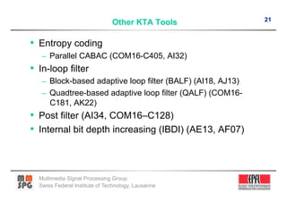 21



•  Entropy coding
   –  Parallel CABAC (COM16-C405, AI32)
•  In-loop filter
   –  Block-based adaptive loop filter (BALF) (AI18, AJ13)
   –  Quadtree-based adaptive loop filter (QALF) (COM16-
      C181, AK22)
•  Post filter (AI34, COM16–C128)
•  Internal bit depth increasing (IBDI) (AE13, AF07)



  Multimedia Signal Processing Group
  Swiss Federal Institute of Technology, Lausanne
 