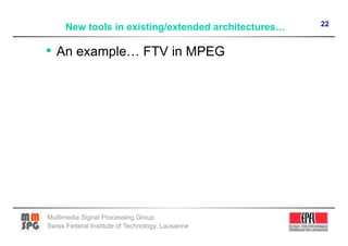 22
      New tools in existing/extended architectures…

•  An example… FTV in MPEG




Multimedia Signal Processing Group
Swiss Federal Institute of Technology, Lausanne
 