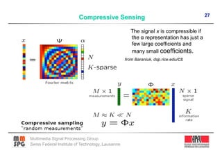 27


                                                     The signal x is compressible if
                                                      the α representation has just a
                                                      few large coefficients and
                                                      many small coefficients.
                                                  from Baraniuk, dsp.rice.edu/cs




Multimedia Signal Processing Group
Swiss Federal Institute of Technology, Lausanne
 