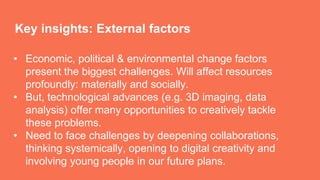 Key insights: External factors
• Economic, political & environmental change factors
present the biggest challenges. Will affect resources
profoundly: materially and socially.
• But, technological advances (e.g. 3D imaging, data
analysis) offer many opportunities to creatively tackle
these problems.
• Need to face challenges by deepening collaborations,
thinking systemically, opening to digital creativity and
involving young people in our future plans.
 