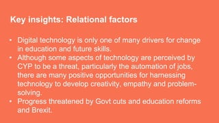 Key insights: Relational factors
• Digital technology is only one of many drivers for change
in education and future skills.
• Although some aspects of technology are perceived by
CYP to be a threat, particularly the automation of jobs,
there are many positive opportunities for harnessing
technology to develop creativity, empathy and problem-
solving.
• Progress threatened by Govt cuts and education reforms
and Brexit.
 