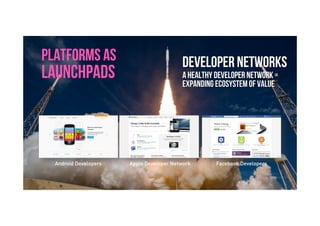 Brave. Curious. Minds.
PLATFORMS AS
LAUNCHPADS A healthy developer network =
expanding ecosystem of value
Android Developers Apple Developer Network Facebook Developers
DEVELOPER NETWORKS
 