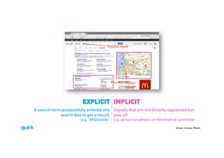 Brave. Curious. Minds.
EXPLICIT IMPLICIT
A search term purposefully entered into
search box to get a result.
e.g. “McDonalds”
Signals that are not directly expressed but
give off
e.g. person on iphone, on the street at lunchtime
Explicit signal
Implicit
signals
 