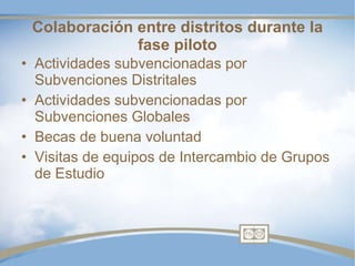 Colaboración entre distritos durante la fase piloto Actividades subvencionadas por Subvenciones Distritales  Actividades subvencionadas por Subvenciones Globales  Becas de buena voluntad Visitas de equipos de Intercambio de Grupos de Estudio 