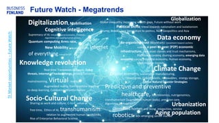 Future Watch - Megatrends
Re-organizing trust (Blockhain): movement toward cashless
societies, a peer-to-peer (P2P) economic
infrastructure, new asset classes and trust mechanisms,
Platform economy, sharing economy, emerging data
economy – programmable economy, Human economy,
basic income models
Global inequality, increasing wealth gaps, Future without work
Political shifts: trend towards nationalism and isolationism
(Trump, Brexit), new generation to politics, New Geopolitics and Asia
Climate Change
Data economy
Real-time Translation Software, Cyber
threats, Internet of hacked things, privacy concerns
mainstreaming, Virtual reality,
Augmented reality, from machine learning
to deep learning, Combating Misinformation
Digitalization, Mobilisation
Cognitive intelligence:
Supremacy of AI, Virtual personal assistants, Chatbots,
Algorithms anticipating human actions,
Quantum computing Arms race,
New Mobility: autonomous vehicles, Internet
of everything, Industrial IOT
Aging population
Urbanization
Connected homes and living, megacities, service
robotics, 60+ emerging senior market
Socio-Cultural Change
Sharing as work and culture, C-to-C, value of
free time, Ethics of AI, transhumanism:
relation to augmented human capabilities,
Rise of Enterprise Behavioral Science
Knowledge revolution
Circular economy, sustainable manufacturing,
smart grids, Cyborg plants, renewables, energy storage,
Global Natural Disaster Strategies
Predictive and preventive
healthcare, Microbiomics, nutrigenomics,
transhumanism (augmented human body), precision care,
Algoritmic biology
Globalization
TFMarketopportunities–FutureWatch
 