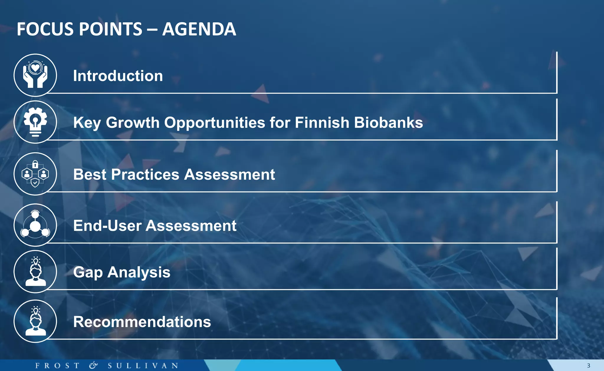 3
Introduction
Key Growth Opportunities for Finnish Biobanks
Best Practices Assessment
End-User Assessment
Recommendations
Gap Analysis
FOCUS POINTS – AGENDA
 