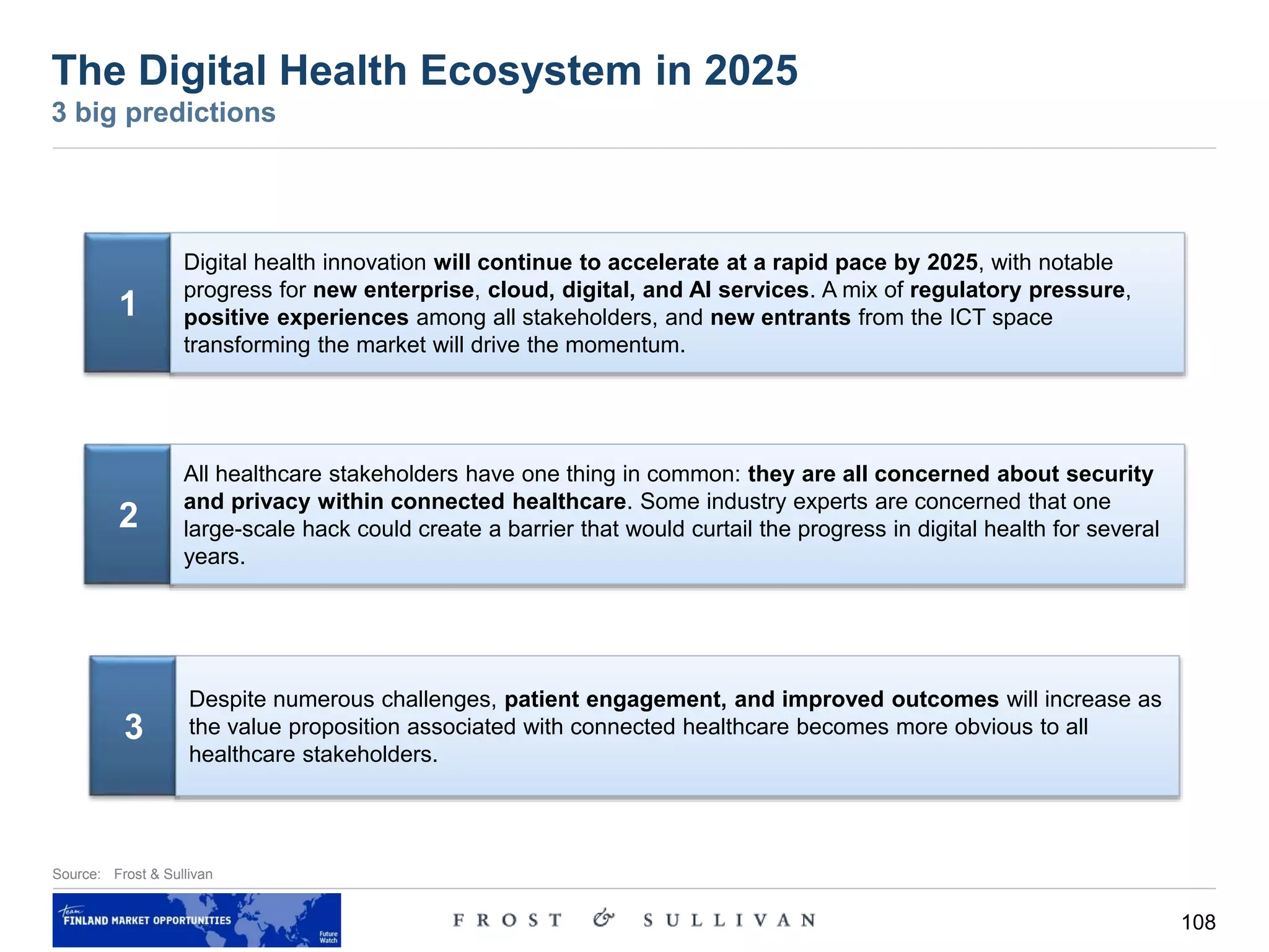 108
Source: Frost & Sullivan
2
All healthcare stakeholders have one thing in common: they are all concerned about security
and privacy within connected healthcare. Some industry experts are concerned that one
large-scale hack could create a barrier that would curtail the progress in digital health for several
years.
3
Despite numerous challenges, patient engagement, and improved outcomes will increase as
the value proposition associated with connected healthcare becomes more obvious to all
healthcare stakeholders.
1
Digital health innovation will continue to accelerate at a rapid pace by 2025, with notable
progress for new enterprise, cloud, digital, and AI services. A mix of regulatory pressure,
positive experiences among all stakeholders, and new entrants from the ICT space
transforming the market will drive the momentum.
The Digital Health Ecosystem in 2025
3 big predictions
 