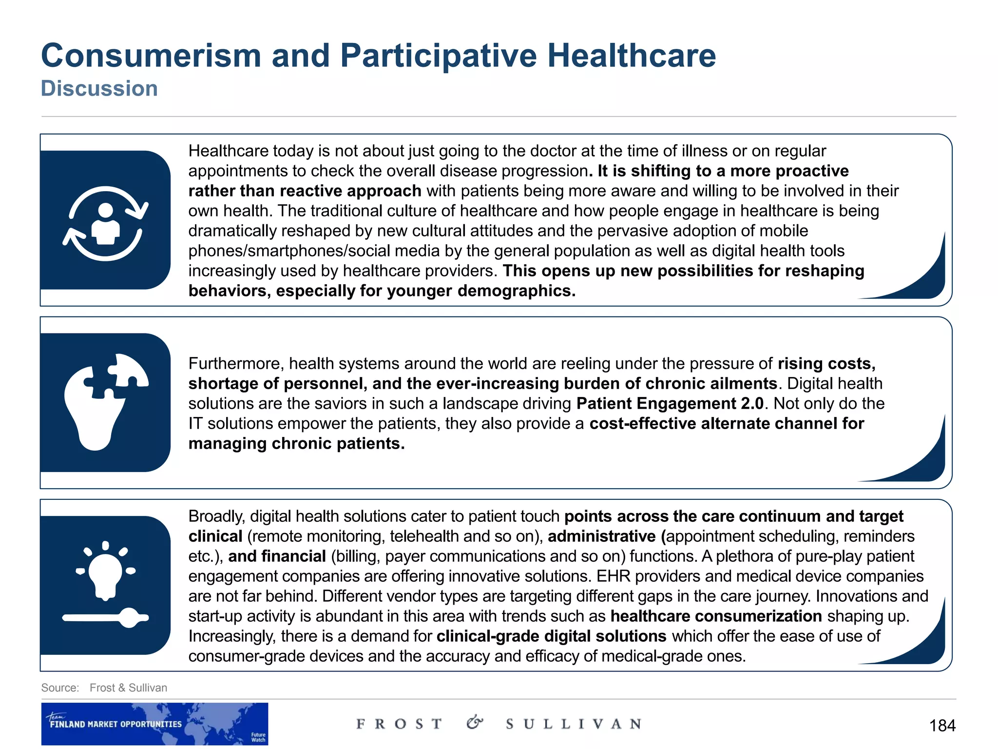 184
Consumerism and Participative Healthcare
Discussion
Source: Frost & Sullivan
Healthcare today is not about just going to the doctor at the time of illness or on regular
appointments to check the overall disease progression. It is shifting to a more proactive
rather than reactive approach with patients being more aware and willing to be involved in their
own health. The traditional culture of healthcare and how people engage in healthcare is being
dramatically reshaped by new cultural attitudes and the pervasive adoption of mobile
phones/smartphones/social media by the general population as well as digital health tools
increasingly used by healthcare providers. This opens up new possibilities for reshaping
behaviors, especially for younger demographics.
Furthermore, health systems around the world are reeling under the pressure of rising costs,
shortage of personnel, and the ever-increasing burden of chronic ailments. Digital health
solutions are the saviors in such a landscape driving Patient Engagement 2.0. Not only do the
IT solutions empower the patients, they also provide a cost-effective alternate channel for
managing chronic patients.
Broadly, digital health solutions cater to patient touch points across the care continuum and target
clinical (remote monitoring, telehealth and so on), administrative (appointment scheduling, reminders
etc.), and financial (billing, payer communications and so on) functions. A plethora of pure-play patient
engagement companies are offering innovative solutions. EHR providers and medical device companies
are not far behind. Different vendor types are targeting different gaps in the care journey. Innovations and
start-up activity is abundant in this area with trends such as healthcare consumerization shaping up.
Increasingly, there is a demand for clinical-grade digital solutions which offer the ease of use of
consumer-grade devices and the accuracy and efficacy of medical-grade ones.
 