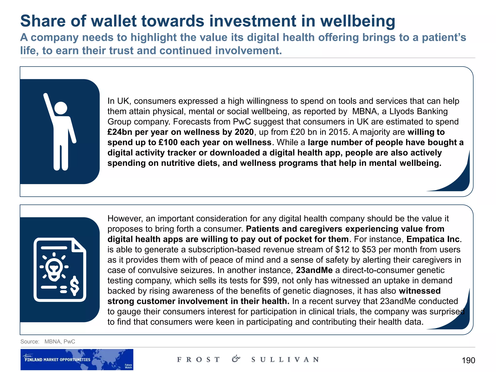 190
Share of wallet towards investment in wellbeing
A company needs to highlight the value its digital health offering brings to a patient’s
life, to earn their trust and continued involvement.
Source: MBNA, PwC
In UK, consumers expressed a high willingness to spend on tools and services that can help
them attain physical, mental or social wellbeing, as reported by MBNA, a Llyods Banking
Group company. Forecasts from PwC suggest that consumers in UK are estimated to spend
£24bn per year on wellness by 2020, up from £20 bn in 2015. A majority are willing to
spend up to £100 each year on wellness. While a large number of people have bought a
digital activity tracker or downloaded a digital health app, people are also actively
spending on nutritive diets, and wellness programs that help in mental wellbeing.
However, an important consideration for any digital health company should be the value it
proposes to bring forth a consumer. Patients and caregivers experiencing value from
digital health apps are willing to pay out of pocket for them. For instance, Empatica Inc.
is able to generate a subscription-based revenue stream of $12 to $53 per month from users
as it provides them with of peace of mind and a sense of safety by alerting their caregivers in
case of convulsive seizures. In another instance, 23andMe a direct-to-consumer genetic
testing company, which sells its tests for $99, not only has witnessed an uptake in demand
backed by rising awareness of the benefits of genetic diagnoses, it has also witnessed
strong customer involvement in their health. In a recent survey that 23andMe conducted
to gauge their consumers interest for participation in clinical trials, the company was surprised
to find that consumers were keen in participating and contributing their health data.
 