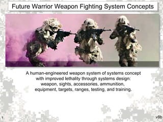 Future Warrior Weapon Fighting System Concepts
Future Warrior Weapon Fighting System Concepts

A human-engineered weapon system of systems concept
with improved lethality through systems design:
weapon, sights, accessories, ammunition,
equipment, targets, ranges, testing, and training.

1

v8b4

 