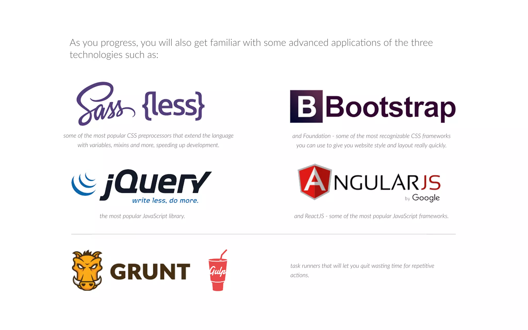 some o the most popular C preprocessors that e tend the language
ith ariables, mi ins and more, speeding up de elopment.
the most popular a a cript library. and eact some o the most popular a a cript rame or s.
and ounda on some o the most recogni able C rame or s
you can use to gi e you ebsite style and layout really uic ly.
As you progress, you will also get familiar with some advanced applica ons of the three
technologies such as:
tas runners that ill let you uit as ng me or repe e
ac ons.
 