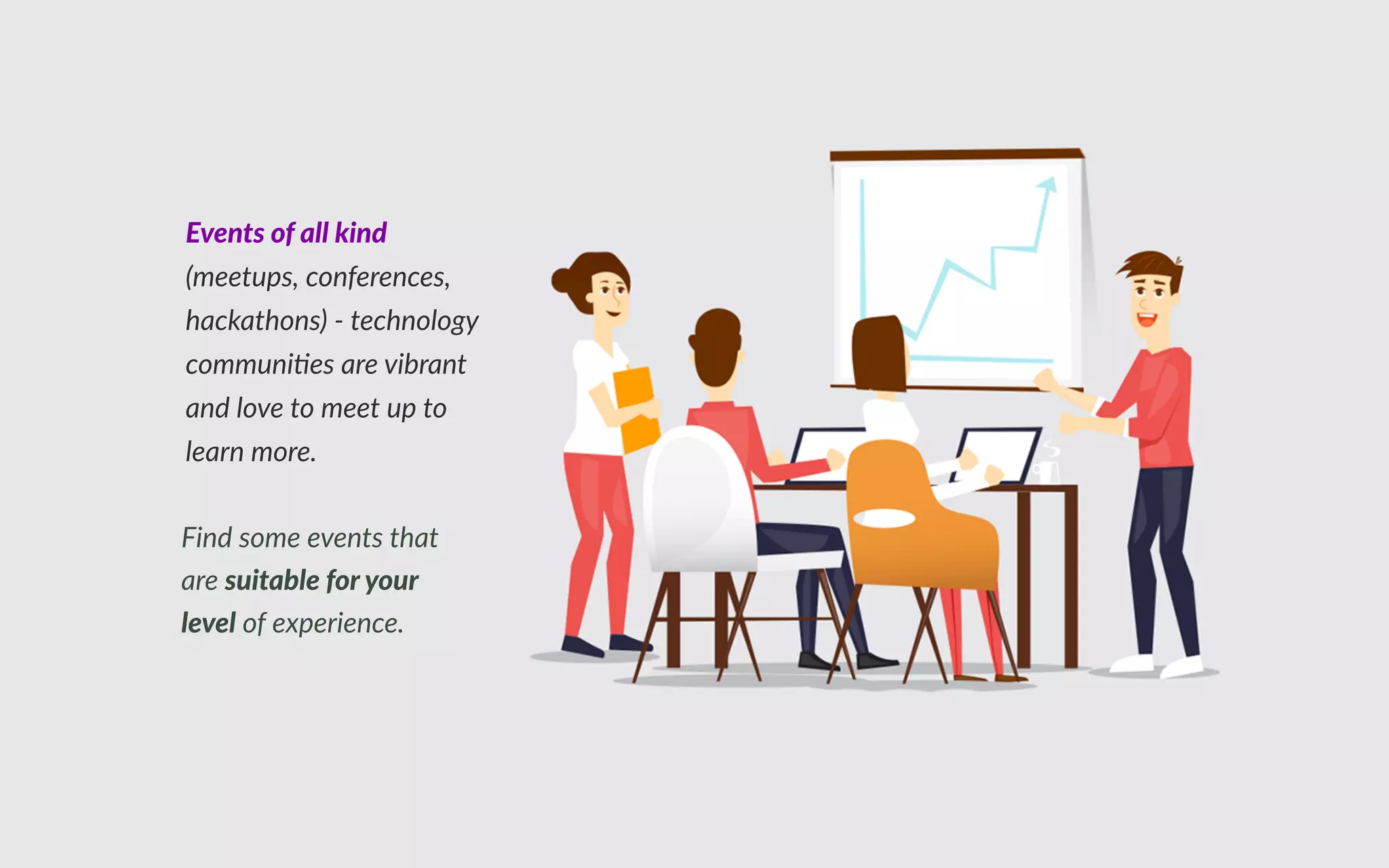 ind some events that
are table o o
level of e perience.
vent o all k nd
meetups, conferences,
hackathons - technology
communi es are vibrant
and love to meet up to
learn more.
 