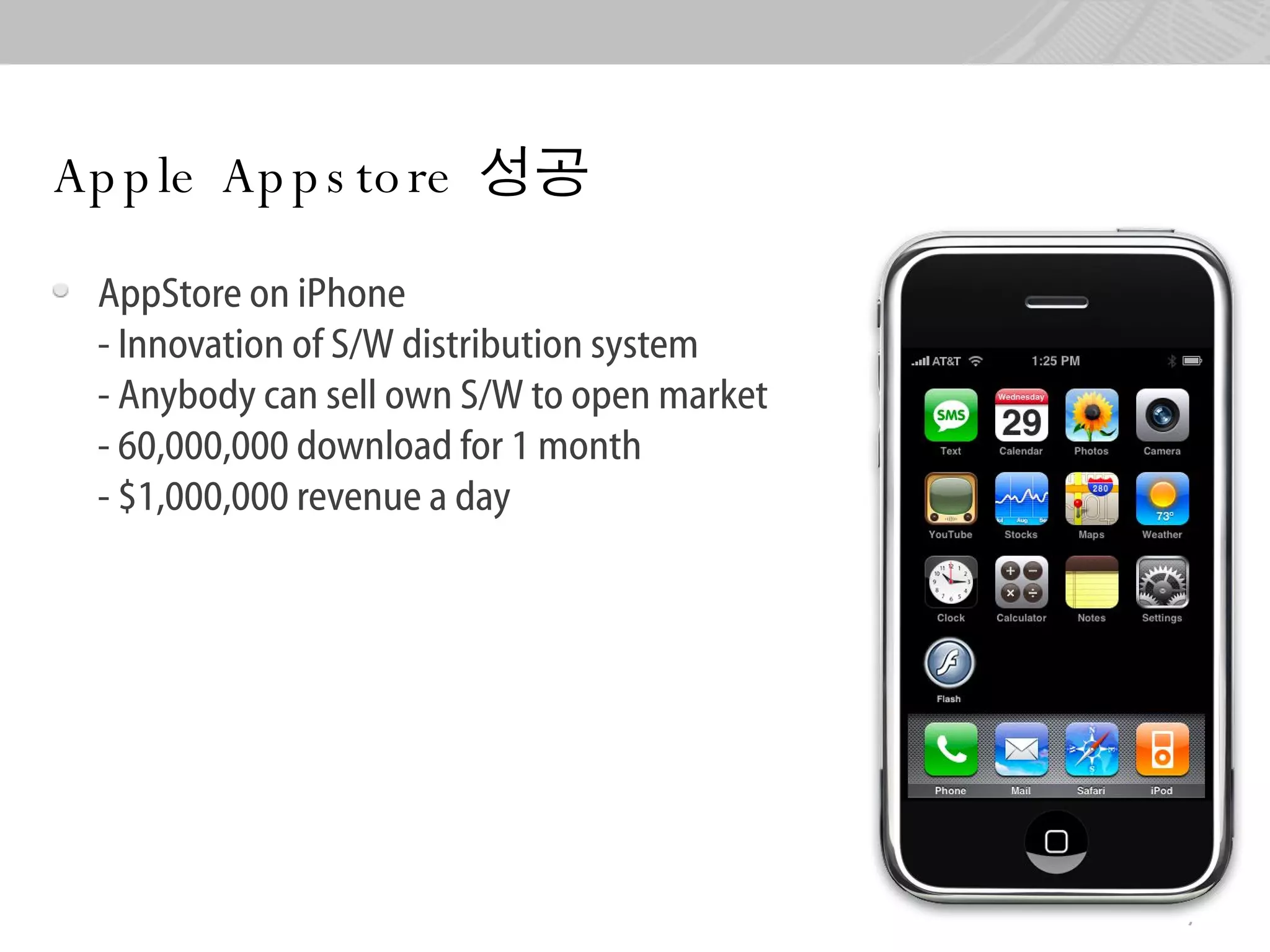 Ap p le Ap p s to re 성공

 AppStore on iPhone
 - Innovation of S/W distribution system
 - Anybody can sell own S/W to open market
 - 60,000,000 download for 1 month
 - $1,000,000 revenue a day
 