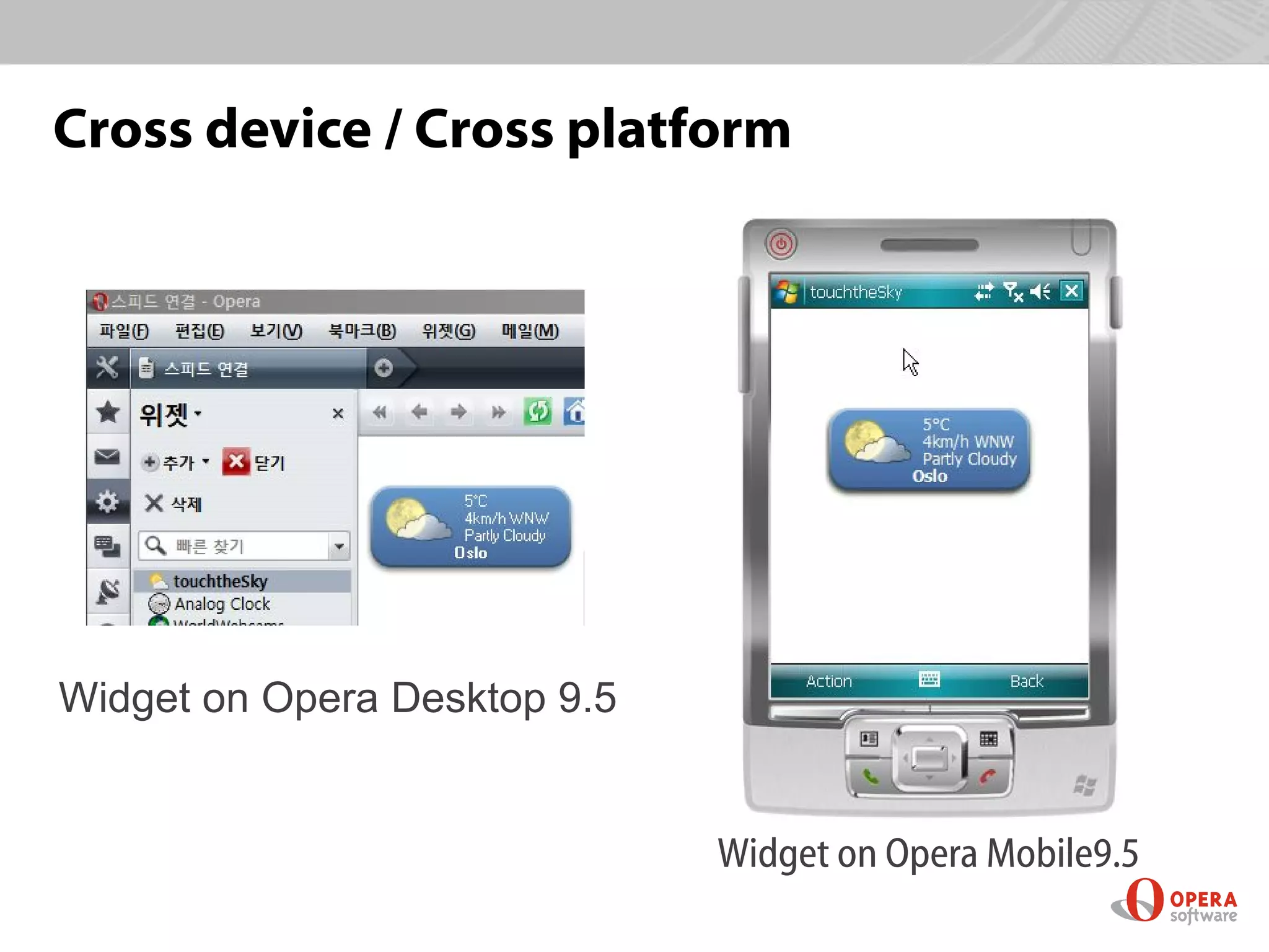 Cross device / Cross platform




Widget on Opera Desktop 9.5


                              Widget on Opera Mobile9.5
 